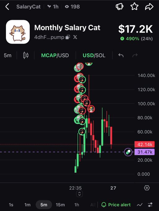 A cryptocurrency trading chart for 'Monthly Salary Cat' (SalaryCat) showing a market cap of $17.2K with a 490% gain in 24 hours, displayed on the 5-minute timeframe.