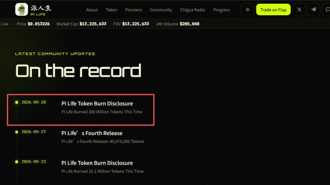 Screenshot from Pi Life (PI LIPE) token website showing "On the record" with a highlighted entry: "2026-09-28 Pi Life Token Burn Disclosure - Pi Life Burned 300 Million Tokens This Time".