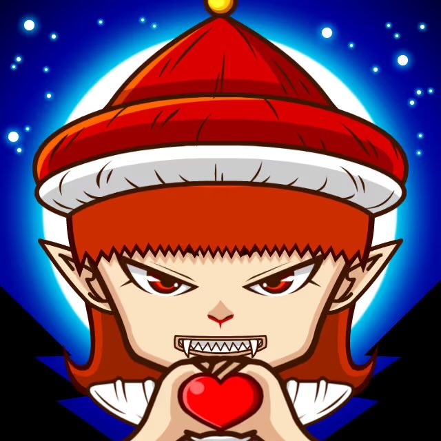 An anime-style illustration depicts a character with red hair, pointed ears, fanged teeth, and a red conical hat holding a heart, set against a starry night with a full moon.