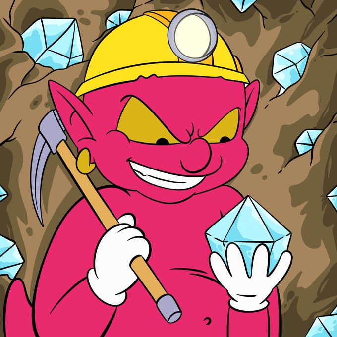 A cartoon illustration of a smiling red goblin-like miner wearing a yellow hard hat, holding a pickaxe and a large diamond.