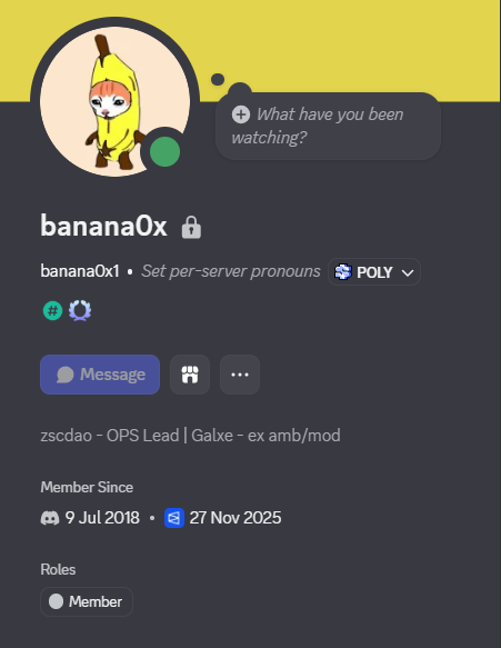 A Discord profile for user "banana0x" (banana0x1) showing membership since 9 Jul 2018 with the basic "Member" role, and a date of 27 Nov 2025 noted. This illustrates the poster's frustration that despite their 7+ years of membership, connecting Discord did not grant them the Veteran Member role on the Polymarket (POLY) server.