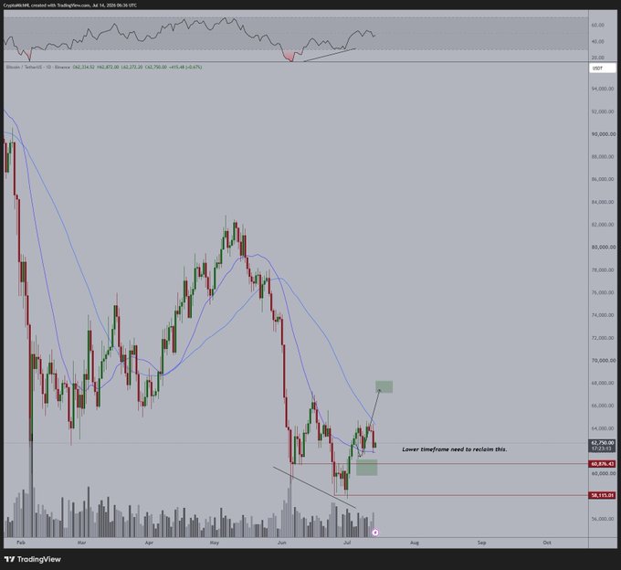 A Bitcoin/USD TradingView chart from Binance shows BTC trading at $62,750 (+2.63%) in a daily timeframe, with the price holding above the $60,676 support level and an annotation noting that "Lower timeframe need to reclaim this" near the $64,000 resistance zone, visually confirming the post's observation that Bitcoin is holding above $61,000 and trading green for the day.
