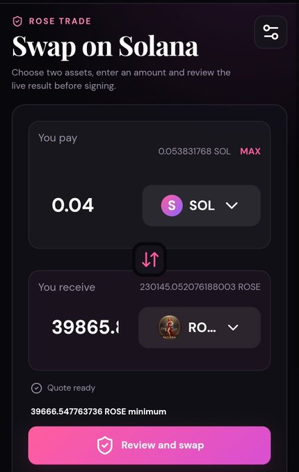 Mobile app screenshot of 'ROSE TRADE' showing a 'Swap on Solana' interface with 0.04 SOL to be exchanged for 39865.8 ROSE, ready to review and swap.