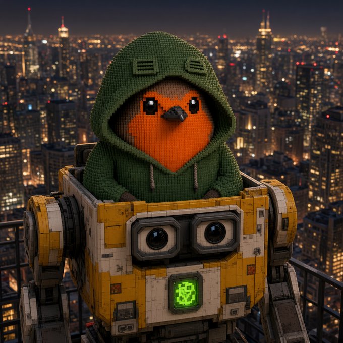 A knitted robin wearing a green hoodie sits inside a yellow LEGO-style Wall-E robot perched above a glowing nighttime cityscape, visually echoing the post's message of $ROBERT "living" atop countless traders' charts on Robinhood Chain.