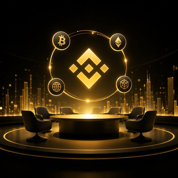 A glowing Binance logo is encircled by the Bitcoin, Ethereum, and other crypto symbols above a roundtable set against a futuristic city skyline, visually reinforcing the post's call to shift the conversation from price charts to the broader future of blockchain at Blockchain Week.