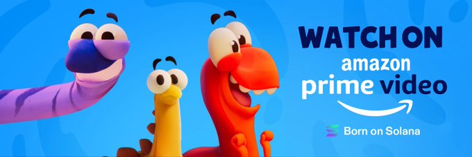 A promotional banner featuring three colorful cartoon characters (purple, yellow, and red) on a blue background with text reading 'WATCH ON amazon prime video' and a 'Born on Solana' logo.