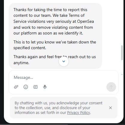 A screenshot of an OpenSea support chat conversation confirming the removal of reported content, with a disclaimer about data collection per their Privacy Policy below.