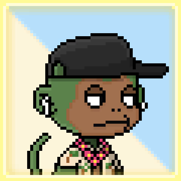 A pixel art NFT-style portrait of a green-skinned character wearing a backwards cap, headphones, and a patterned shirt.