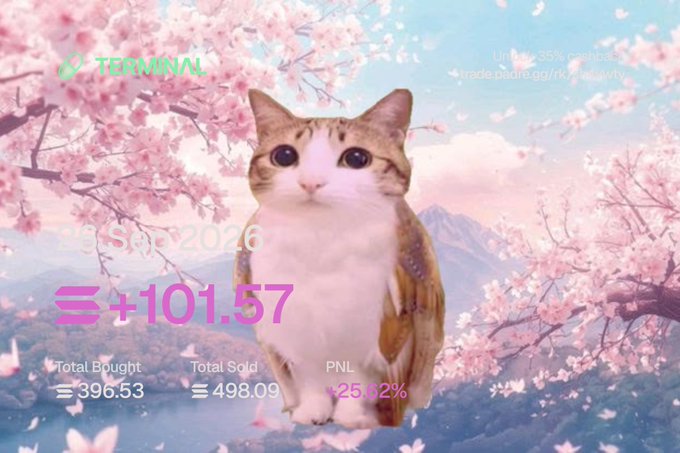 A trading dashboard for 'TERMINAL' displayed over an image of a cat among cherry blossoms, showing a PNL of '+101.57', Total Bought of '396.53', Total Sold of '498.09', and a PNL percentage of '+25.92%'.