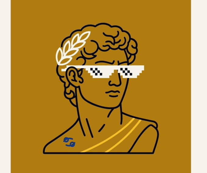 A stylized line drawing of a figure with curly hair wearing pixelated 'deal with it' sunglasses and a white laurel wreath on a gold background.