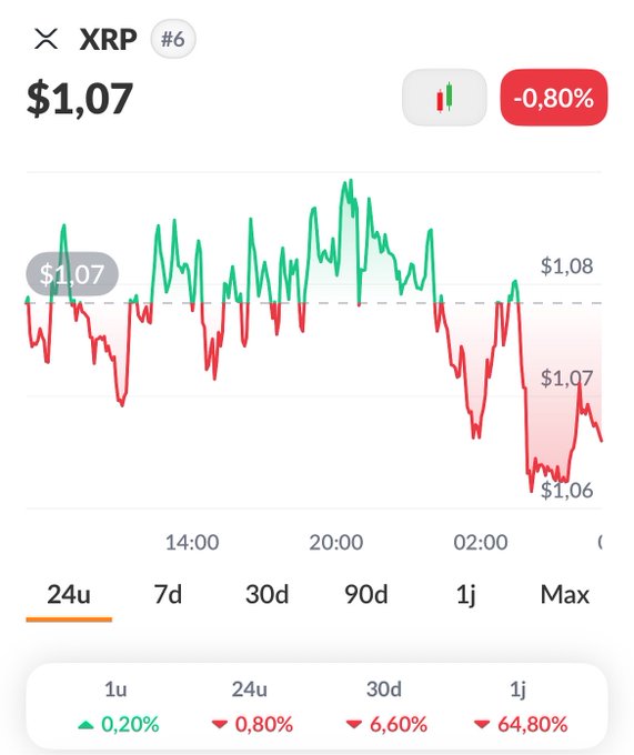A cryptocurrency chart showing XRP priced at $1.07 with a -0.80% decline, displaying performance metrics of +0.20% (1u), -0.80% (24u), -6.60% (30d), and -64.80% (1j).