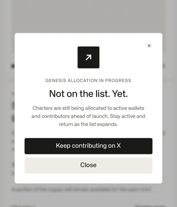 A popup titled "Not on the list. Yet." informs the user that Genesis Allocation is still in progress, advising them to "Keep contributing on X" to remain eligible—aligning with the poster's advice to engage and contribute on @standard_rsv to secure an allocation.