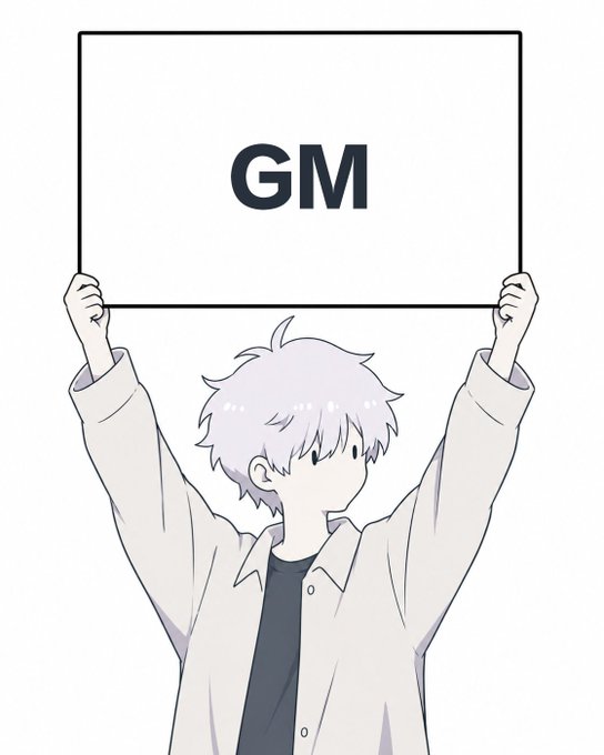 An anime-style illustration of a white-haired character holding up a blank sign that reads 'GM' (Good Morning), a common greeting in crypto communities.