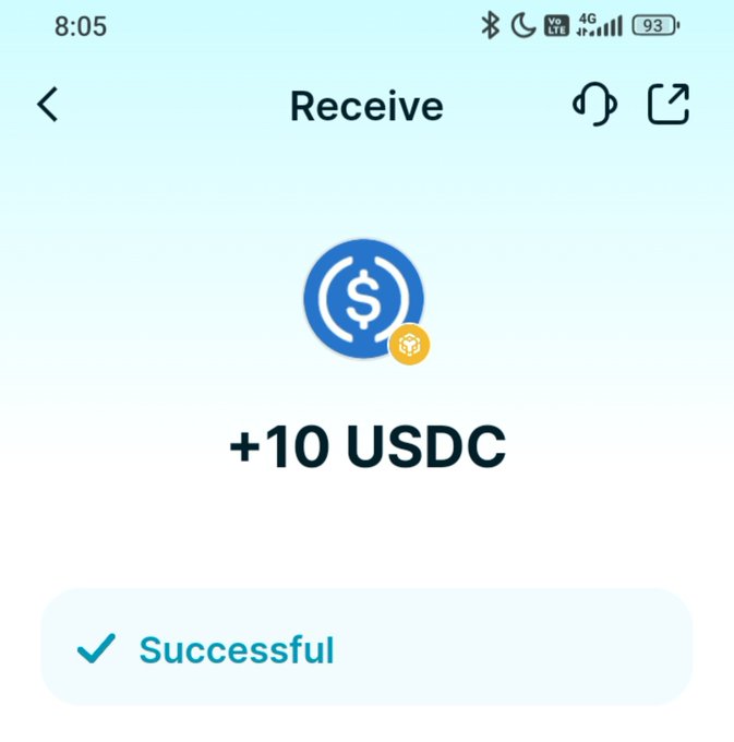 A mobile app screen showing a successful cryptocurrency transaction with '+10 USDC' received.