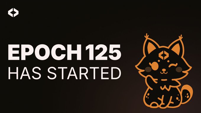 Black banner with white text 'EPOCH 125 HAS STARTED' and an orange illustrated fox/cat mascot character on the right.