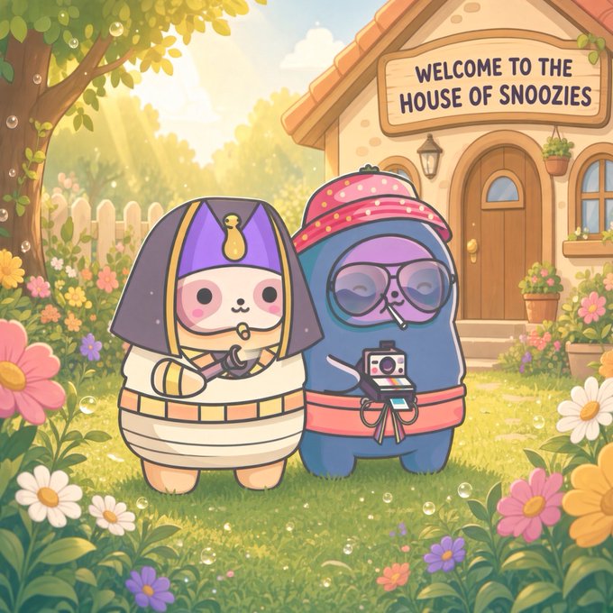 A cartoon illustration shows two characters dressed in Egyptian-style pharaoh costumes standing in a flowery garden in front of a cottage with a sign reading 'WELCOME TO THE HOUSE OF SNOOZIES'.