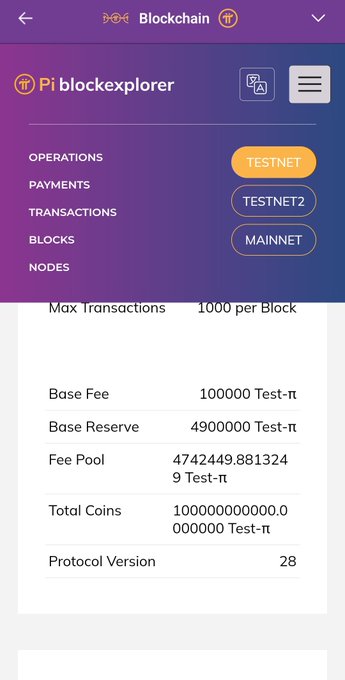 The image shows the Pi Network blockchain explorer displaying Testnet settings, including a base fee of 100,000 Test-π, a base reserve of 4,900,000 Test-π, and a total of 1 billion Test-π coins. The protocol version is listed as 28, which directly supports the post's claim that Testnet 1 has advanced to version 28.