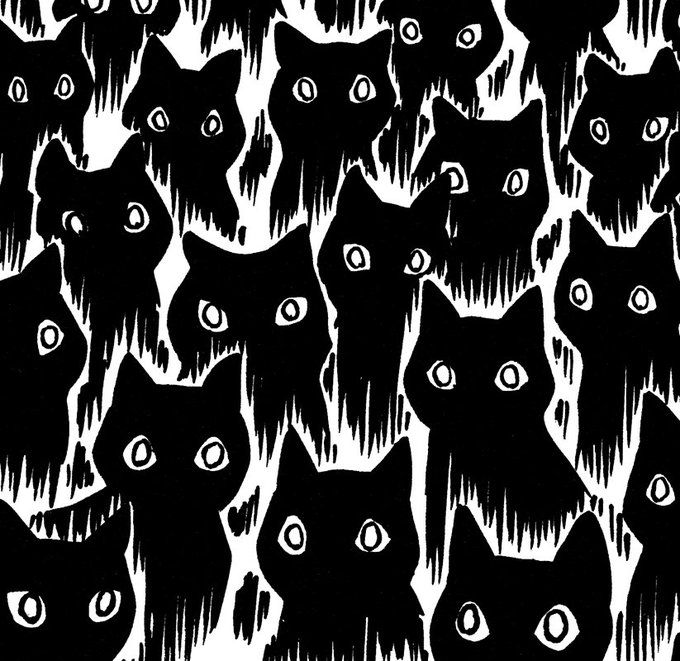 A black and white repeating pattern featuring stylized black cat silhouettes with large, glowing eyes looking upward against a streaked white background.