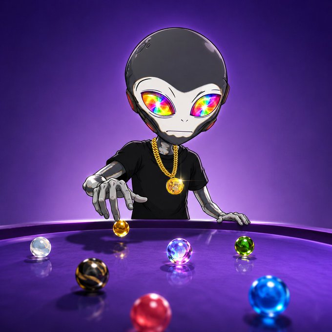 A digital illustration of a grey alien character wearing a black shirt and gold chain, playing with glowing colorful marbles on a purple surface.