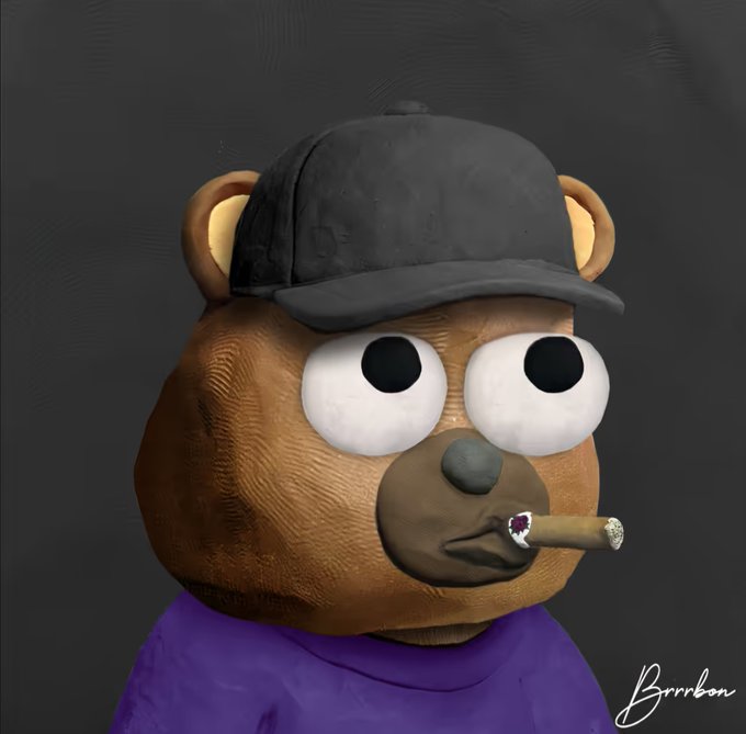 A 3D rendered character of a brown bear wearing a black baseball cap, purple shirt, and smoking a cigar, signed 'Brrrbon'.