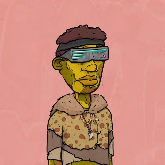 A cartoon illustration of a yellow-skinned character wearing a fur hat, fur-collared spotted coat, and futuristic VR-style headset, with a tooth/claw pendant necklace, set against a pink textured background.