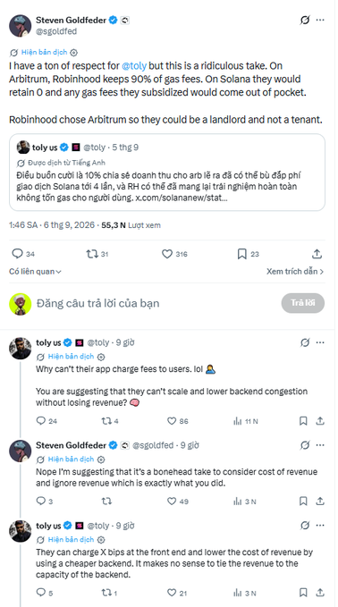 Screenshot of a Twitter/X thread featuring Steven Goldfeder (@goldfed) and toly (@toly) debating Robinhood's choice of Arbitrum over Solana, covering gas fees and revenue models.