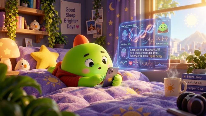 A similar 3D-rendered scene shows the green cartoon character now wearing a red hoodie on the bed, with a holographic display showing biometric data including 'BioPerformance: 92%' and 'DNA Sync: 98%'.