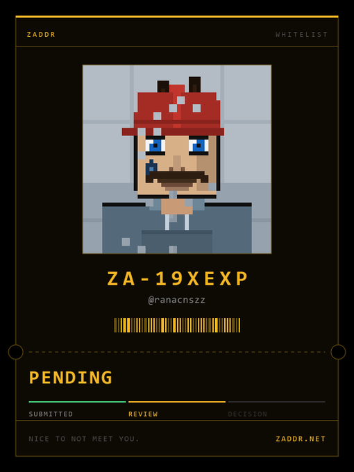 A pixel-art 'ZADOR WHITELIST' NFT card displaying a character in a red mushroom-style hat with the ID 'ZA-19XEXP', attributed to @rahacnszz, marked as PENDING in the review stage, with the tagline 'NICE TO NOT MEET YOU.' and the website 'ZADORR.NET.'