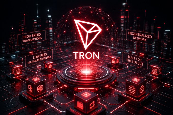 The image features the TRON logo prominently displayed in the center against a futuristic cityscape backdrop, surrounded by holographic text boxes highlighting its key features: "HIGH SPEED TRANSACTIONS," "LOW FEES MAXIMUM EFFICIENCY," "DECENTRALIZED NETWORK," and "BUILT FOR THE FUTURE." Glowing red cubes representing blockchain nodes orbit a circular platform, visually reinforcing TRON's emphasis on scalability and rapid transaction processing that aligns with the post's message about powering millions of low-fee transactions for Web3 adoption.
