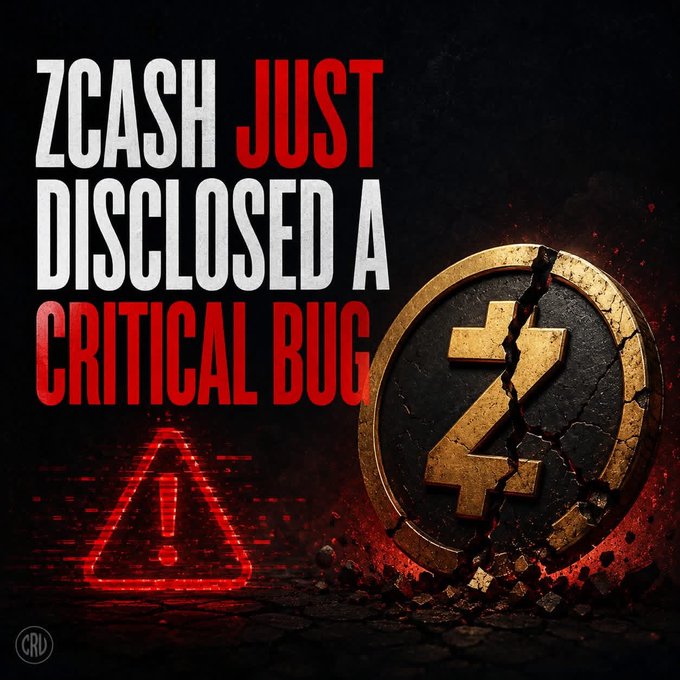 The image features a coin with a crack running through its center, surrounded by red and white neon lights that create an intense glow around it. The text "Zcash just disclosed a critical bug" is written above the coin, indicating that Zcash has recently uncovered a vulnerability in their software system. This vulnerability could have potentially allowed for the creation of unlimited amounts of counterfeit coins or other digital assets.