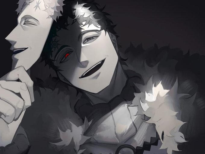 An anime-style illustration featuring two male characters wearing white masks and dark fur-collared outfits, with the central figure having a red glowing eye.