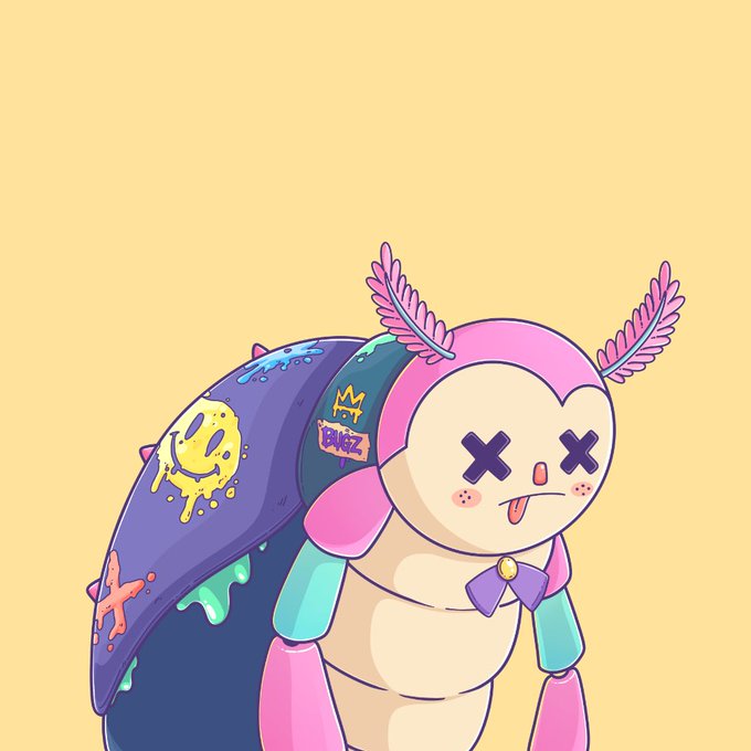 A cute cartoon character with "X" eyes, pink antenna feathers, and a purple shell decorated with smiley faces, a star, and stickers reading "M" and "BULZ," playfully sticks out its tongue. The whimsical, colorful design fits the fun vibe of a NFT-style giveaway contest for Whitelist spots.
