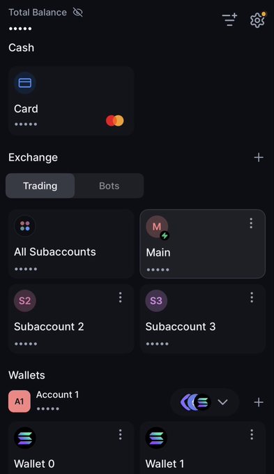 A dark-themed financial app interface displays 'Total Balance' with sections for Cash (showing a Card with Mastercard logo), Exchange (with Trading/Bots tabs, All Subaccounts, Main, Subaccount 2, and Subaccount 3), and Wallets (Account 1, Wallet 0, Wallet 1).