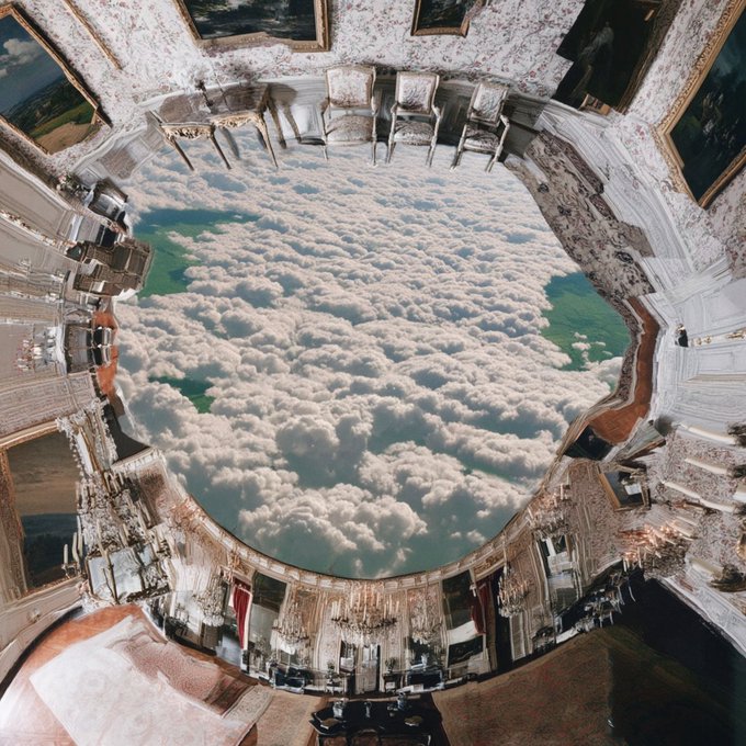 Surreal artwork showing an ornate palace interior with classical paintings, chairs, and chandeliers arranged around a circular window opening that reveals a vast cloudscape and green landscape below, creating an illusion of looking out from inside a dome.