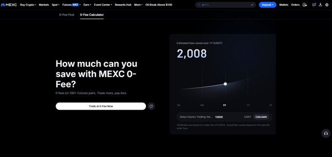 A screenshot of MEXC's "O-Fee Calculator" webpage with a dark theme, displaying the headline "How much can you save with MEXC O-Fee?" and showing estimated fees saved of "2,008 USDT" for a daily trading volume of 10,000 USDT. The image complements the post by highlighting MEXC's promotional trading tool, though it relates more to fee savings than the Stock Futures Grid strategy mentioned in the caption.
