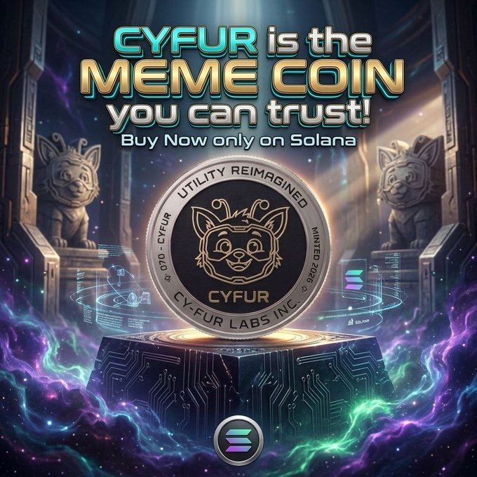A promotional graphic for 'CYFUR' declaring it 'the MEME COIN you can trust!' with the tagline 'Buy Now only on Solana', featuring a coin with a cat mascot between two stone statues.