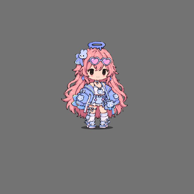 A chibi-style anime character with long pink hair, heart-shaped sunglasses, and a halo, wearing a pastel outfit with small bear accessories.