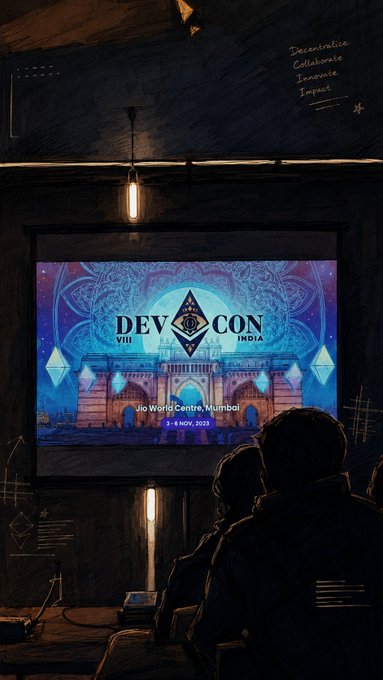 A dark illustration of two silhouetted figures watching a screen displaying the 'DEVCON VIII INDIA' event poster at Jio World Centre, Mumbai, 3-6 NOV, 2023.