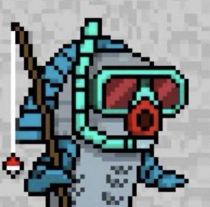 A pixel art character wearing a diving mask, snorkel, and flippers while holding a fishing rod with a Pokéball bobber floats above a flooded background, referencing the SnorkelSUI community mentioned in the post celebrating a first journey on Sui blockchain.