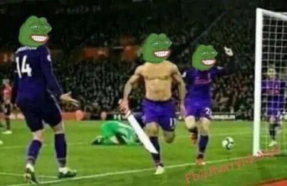 Three soccer players wearing purple jerseys (numbers 14 and visible) celebrate near a goal with their heads replaced by Pepe the Frog meme faces, with one player holding a knife. The image serves as a meme illustrating the accompanying post's warning about trading psychology—how traders who initially identify an Order Block with confidence often panic when price returns to that level, mirroring the aggressive Pepe faces rushing toward an unaware goalkeeper.