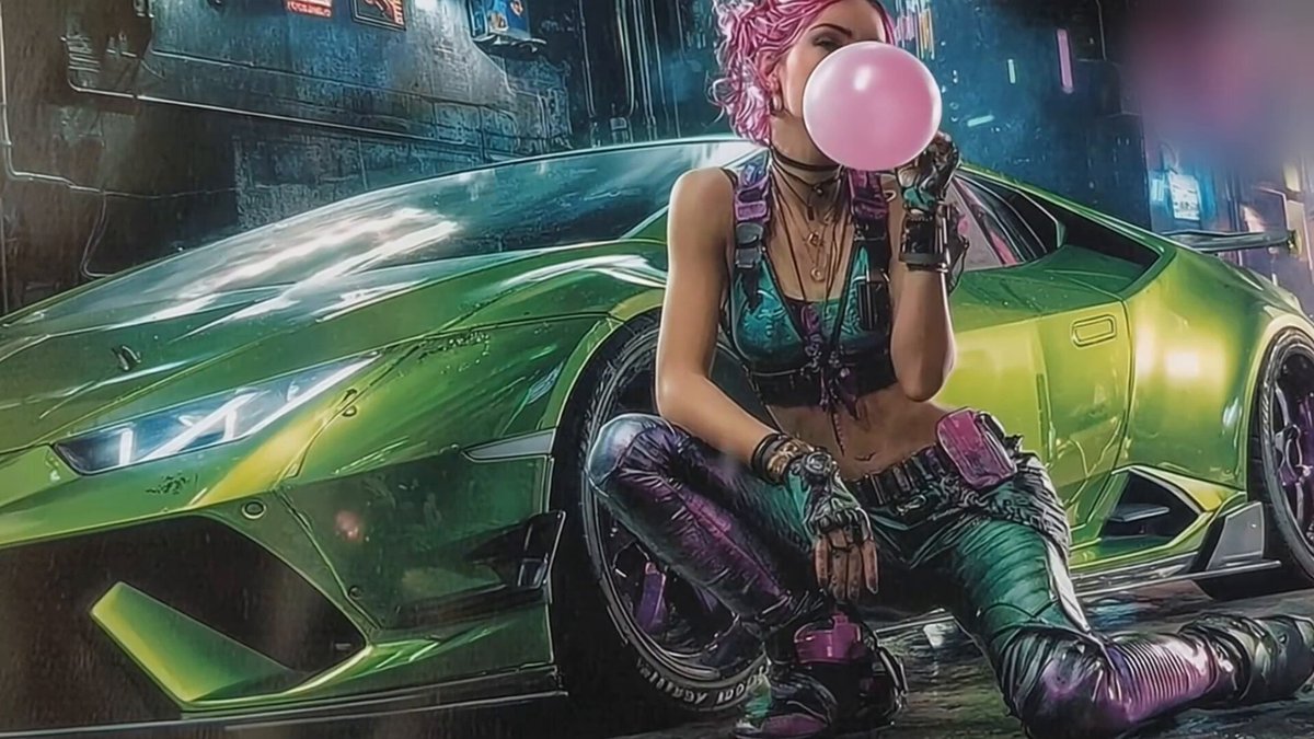 In the image, there's a woman sitting next to a green Lamborghini sports car with pink bubblegum in her mouth. The scene takes place at night, adding an element of mystery and intrigue to the overall atmosphere. The woman is dressed in black leather pants and a purple tank top, giving off a hipster vibe. She has a pink bubblegum in her mouth while sitting next to the car.

The image also includes text that reads "In a shitcoin-filled world where talk is incredibly cheap and keyboard warriors rule the day, there are only a handful that walk the talk...Joel @TheDesertLynx from @Dashpay is one of those who walks the talk". This message seems to be related to the car or the woman's outfit. The image could potentially be an advertisement for a car dealership or a social media post promoting a lifestyle or subculture associated with the green Lamborghini sports car and the hipster girl in purple tank top.