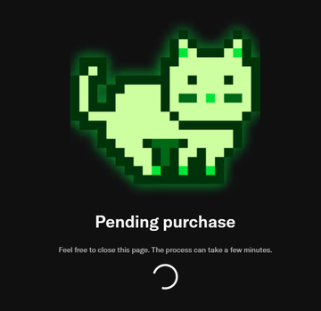 A digital interface screen with a black background displaying a pixelated green cat illustration and the text 'Pending purchase' with a loading spinner below it.