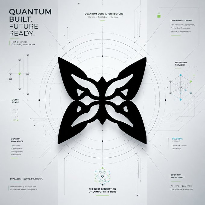 A futuristic infographic titled "QUANTUM BUILT. FUTURE READY." featuring a black butterfly design surrounded by technical quantum computing terminology.