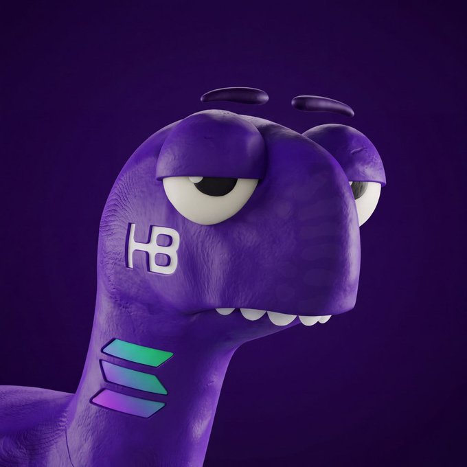 This image features a purple, cartoonish dinosaur character with the "HB" logo on its neck and the Solana logo on its chest, likely representing entertainment on the Solana blockchain.