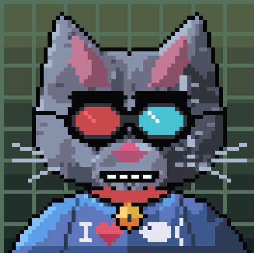 A pixel art portrait of a gray cat wearing sunglasses with mismatched red and cyan lenses, a gold tooth, and a shirt that says 'I [heart] [illegible]'.