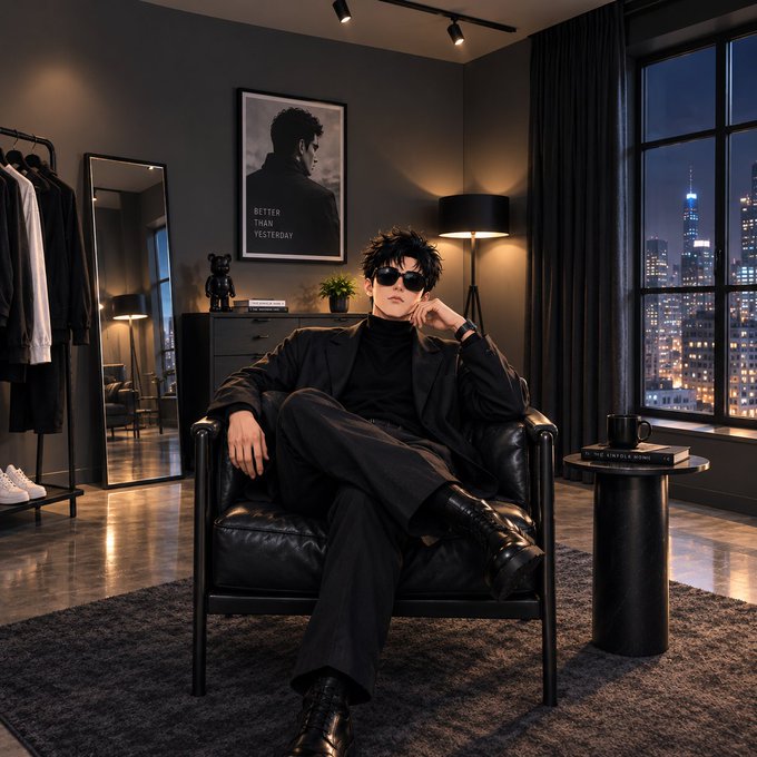 A man in all-black attire and sunglasses sits in a leather chair in a dark, modern apartment with a city skyline view at night.