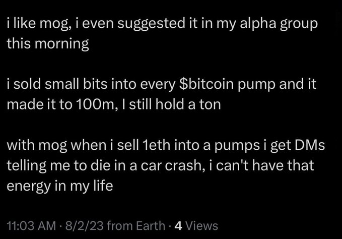 A screenshot of a social media post from 8/2/23 discussing selling 1 ETH into cryptocurrency pumps and receiving abusive DMs, describing a portfolio that reached $100m.