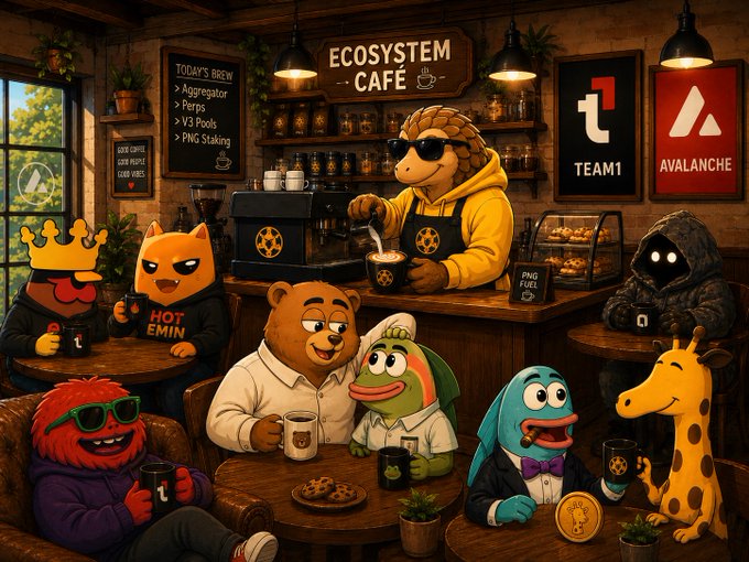 A cozy cartoon café called "Ecosystem Café" features a pangolin barista serving coffee to a cast of anthropomorphic animal mascots—Doge, Pepe, Wojak, a bear, and others—each representing different crypto communities, with framed "Team1" and "Avalanche" logos on the wall. The image visually reinforces the post's message that Avalanche's ecosystem thrives thanks to the diverse builders, communities, and creators who gather together to keep it running.