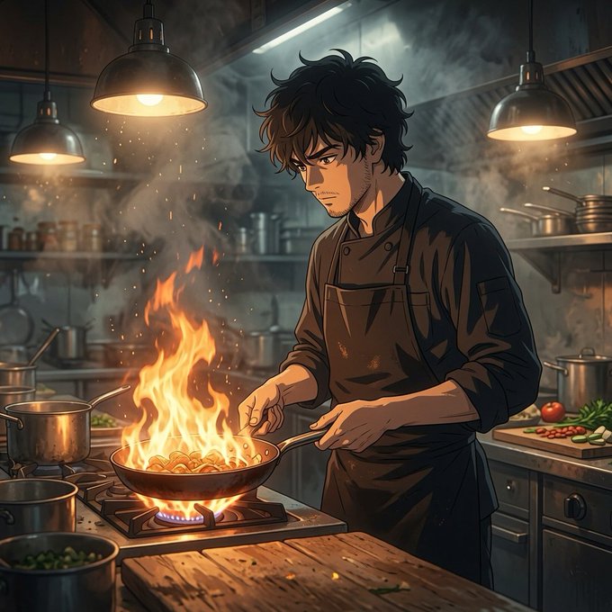 An anime-style illustration of a dark-haired chef cooking over an open flame in a pan on a stove, wearing a black apron in a smoky, warmly-lit kitchen.