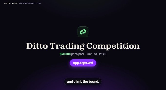 A dark promotional graphic for the 'Ditto Trading Competition' with a $50,000 prize pool from Oct 1 to Oct 29, featuring a purple 'app.zaps.wtf' button.